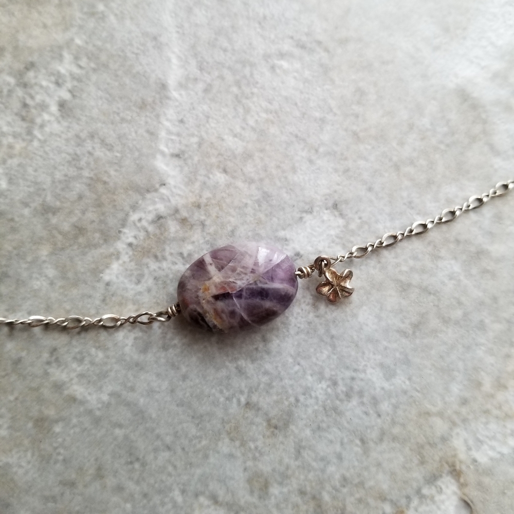 New Handmade gemstone sterling silver bracelet, purple stone and flower charm